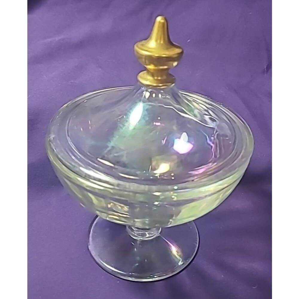 Iridescent Covered Candy Dish with gold trim 4.5" Dia. x 5 " Tall